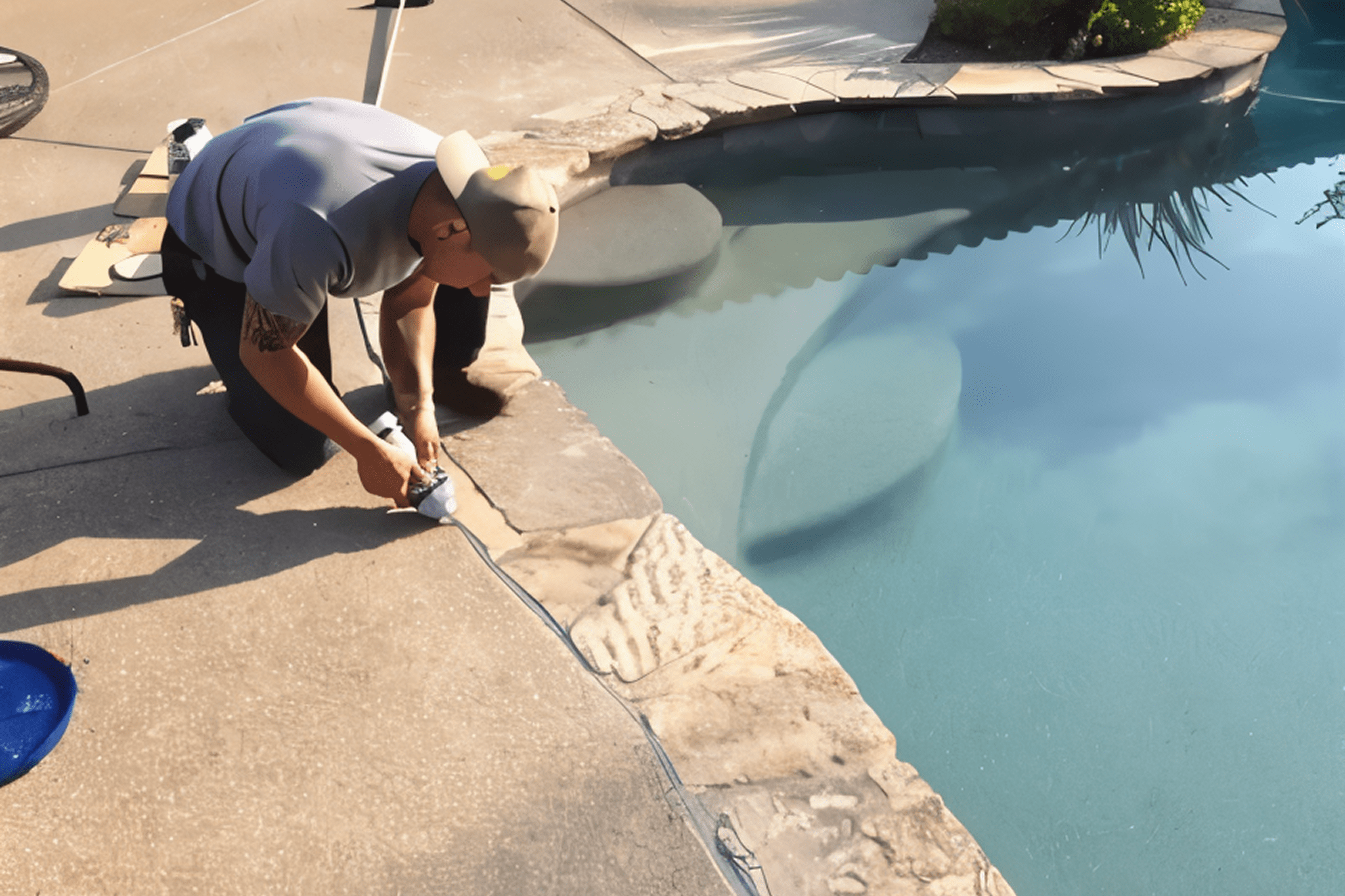 Man repairing poolside with sealant tool.